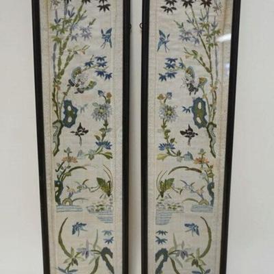 1099	PAIR OF FRAMED EMBROIDERED PIECES W/PLANTS, INSECTS & BUTTERFLIES, APPROXIMATELY 5 IN X 21 IN
