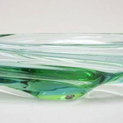 1170	BOHEMIAN AQUA GREEN OBLONG ART GLASS BOWL, APPROXIMATELY 1 IN X 8 IN X 4 IN HIGH
