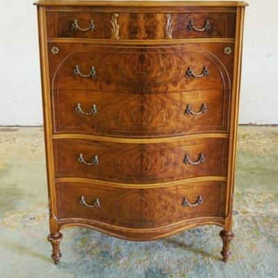 1214	FRENCH STYLE OXBOW CHEST, 5 DRAWERS HAVING BURL WOOD FRONTS W/ORNATE BRASS PULLS, 37 IN X 21 IN X 52 IN HIGH
