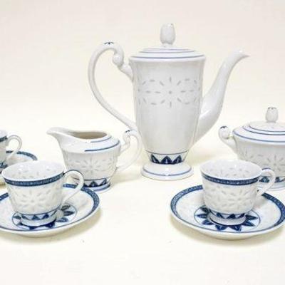 1109	ASIAN TRANSLUCENT RICE EYE TEASET, 15 PIECES, TEAPOT IS APPROXIMATELY 9 IN HIGH
