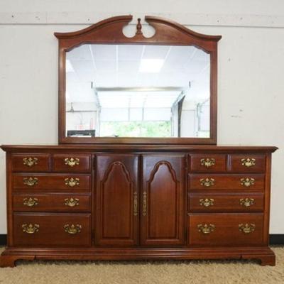 1246	AMERICAN DREW CHEST OF DRAWERS, 6 DRAWERS, 2 DOORS W/CONCEALED DRAWERS, LOW CHEST W/ HANGING MIRROR, CHERRY FINISH, 74 IN X 19IN X...