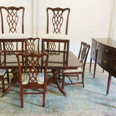 1237	12 PIECE MAHOGANY DINING ROOM SET, 8 STANLEY CHIPPENDALE STYLE CHAIRS, TABLE W/2 LEAVES, SURFACE WORN W/PAINT RESIDUE, BANDED...