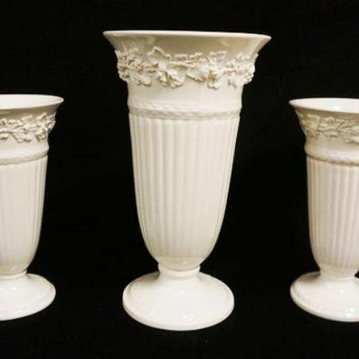 1111	WEDGWOOD EMBOSSED QUEENSWARE 3 FLOWER VASES, TALLEST IS APPROXIMATELY 9 IN

