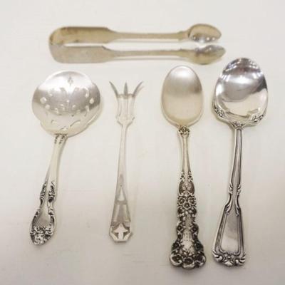 1048	SILVER LOT INCLUDING 4 STERLING SPOONS & FORKS & COIN SILVER TONGS, 4.6 TOZ
