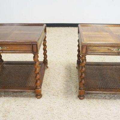 1016	2 SOLID OAK ONE DRAWER LAMP TABLES W/BARLEY TWIST LEGS & CANED LOWER SHELF, APPROXIMATELY 26 IN X 25 IN HIGH
