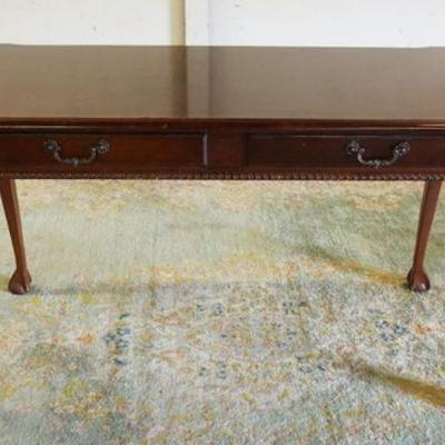 1225	MAHOGANY BANDED TOP TABLE, 2 DRAWER W/CARVED BALL & CLAW CABRIOLE LEGS, APPROXIMATELY 54 IN X 27 IN X 30 N HIGH
