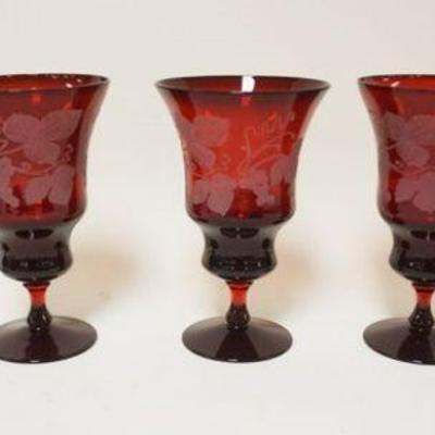 1181	5 RUBY GLASS FOOTED STEMWARE W/ACID ETCHED LEAF PATTERN, APPROXIMATELY 6 1/2 IN 
