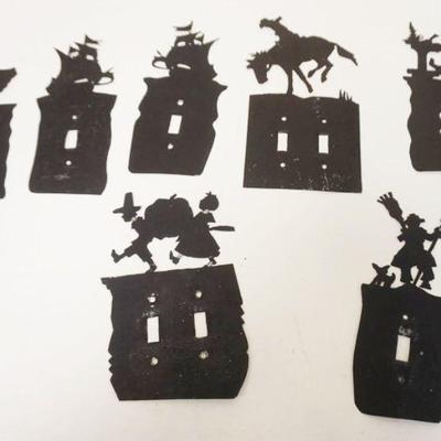 1060	VINTAGE FOLKART HAND MADE METAL LIGHT SWITCH COVER PLATES W/VARIOUS SCENES INCLUDING HALLOWEEN, SOLD AS COLLECTIBLE NOT FOR USE
