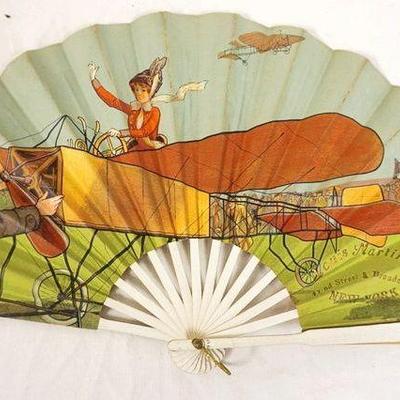 1080	ANTIQUE FAN MADE IN PARIS, WOMAN FLYING IN AIRPLANE, LOUIS MARINS BROADWAY NY, SOME LOSSES
