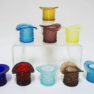 1058	GROUP OF 10 COLORED GLASS MINIATURE HATS
