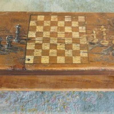 1239	PRIMITIVE PINE BENCH W/PAINTED CHESS BOARD & PIECES TOP, APPROXIMATELY 48 IN X 14 IN X 19 IN HIGH
