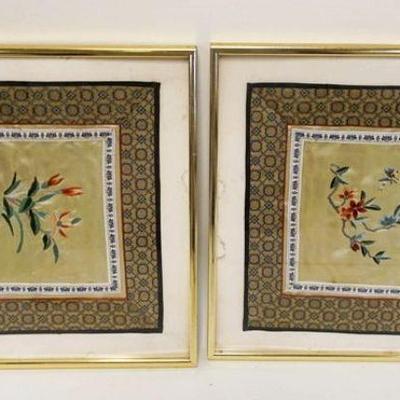 1100	PAIR OF EMBROIDERED FLORAL ASIAN SILKS, APPROXIMATELY 13 IN X 14 IN OVERALL

