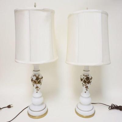 1267	PAIR OF SATIN GLASS TABLE LAMPS W/APPLIED METAL FLOWERS, APPROXIMATELY 26 IN HIGH
