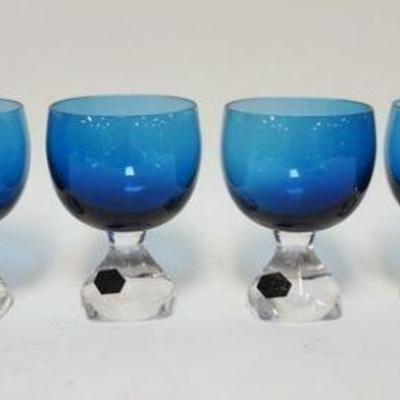 1184	6 ST LOUIS CRYSTAL BLUE TO CLEAR GLASSES W/UNUSUAL GEOMETRIC CLEAR GLASS BASE, APPROXIMATELY 4 1/2 IN HIGH
