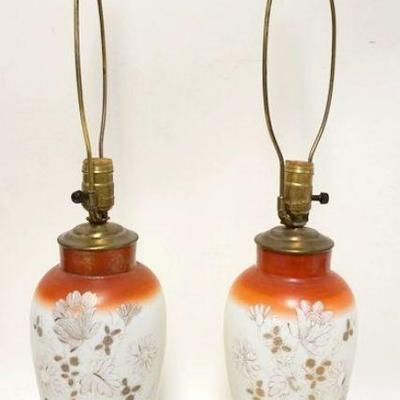 1136	PAIR OF MILK GLASS TABLE LAMPS W/HAND PAINTED FLOWERS, APPROXIMATELY 26 IN HIGH
