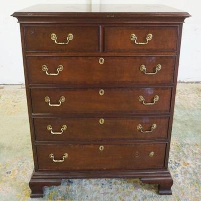 1222	COUNCIL CRAFTSMAN 6 DRAWER HIGH CHEST W/BANDED DRAWERS & TOP, ONE PULL MISSING & DISCOLORATION ON SOME DRAWER FRONTS, APPROXIMATELY...