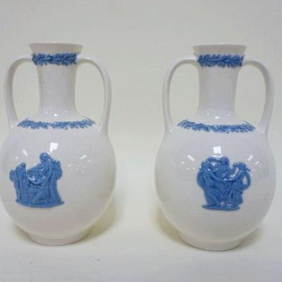 1112	WEDGWOOD EMBOSSED QUEENSWARE DOUBLE HANDLE VASES, BLUE & WHITE, APPROXIMATELY 7 IN HIGH
