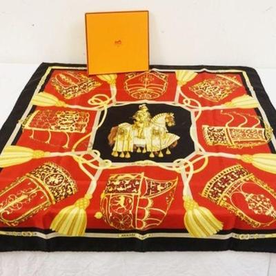 1065	HERMES PARIS SILK SCARF * LES MUSEROLLED* W/BOX, 35 IN SQUARE
