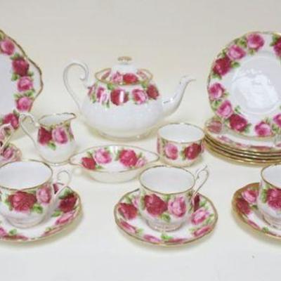 1106	ROYAL ALBERT OLD ENGLISH ROSE CHINA, 25 PIECES INCLUDING TEAPOT, CREAMER & SUGAR, SERVING TRAY, 6-7 1/4 IN DISHES

