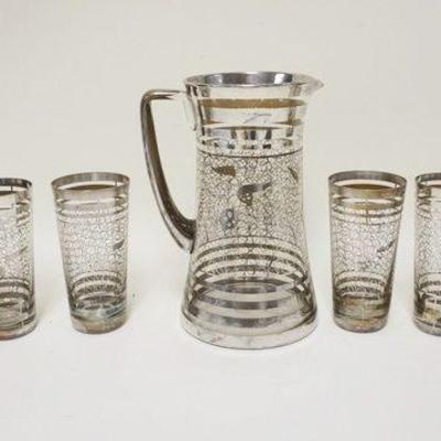 1185	ORNATE SILVER OVERLAY WATER SET W/FINELY APPLIED LATTICE WORK W/LEAVES & FRUIT, PITCHER IS APPROXIMATELY 9 IN HIGH
