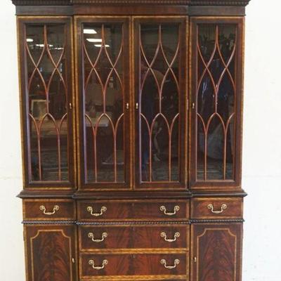 1211	MAHOGANY BREAKFRONT W/FRETWORK TOP, INLAID BANDED DRAWERS & DOORS, APPROXIMATELY 58 IN X 17 IN X 89 IN HIGH, INTERIOR LIGHTS & GLASS...
