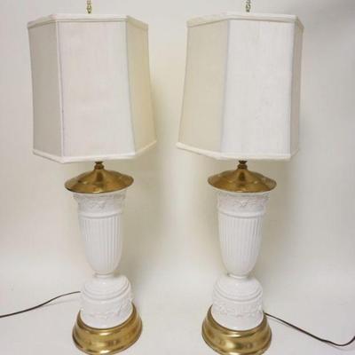 1266	PAIR OF BRASS & PORCELAIN TABLE LAMPS, APPROXIMATELY 32 IN HIGH
