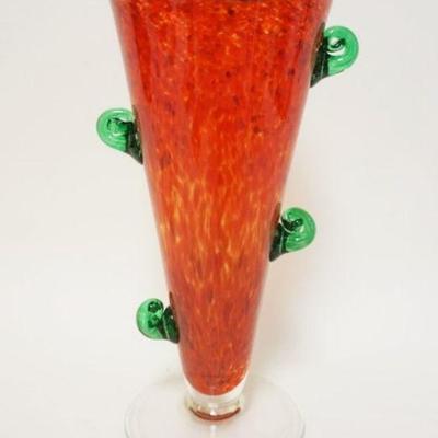 1179	MODERN ART GLASS VASE W/RED TORTOISE SHELL & APPLIED GREEN GLASS SWIRLS, ARTIST SIGNED, APPROXIMATELY 11 IN HIGH
