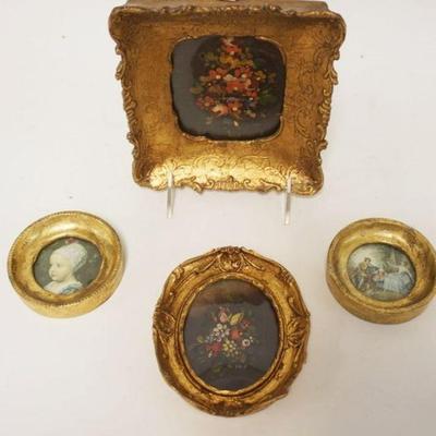 1155	GROUP OF ASSORTED MINIATURE GILT FRAMES CONTAINING PAINTINGS & PRINTS, LARGEST IS 6 IN X 7 IN
