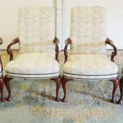 1236	SET OF 4 UPHOLSTERED ARMCHAIRS, MADE BY *THE GUNLOCKE CO*, SOME STAINING ON SEATS
