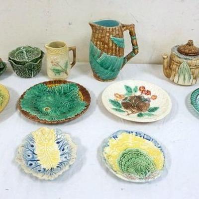 1091	GROUP OF ASSORTED ANTIQUE MAJOLICA, ALL W/DAMAGE
