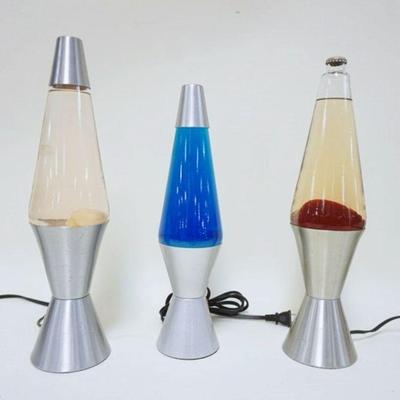 1121	LOT OF 3 LAVA LAMPS, LARGEST IS APPROXIMATELY 17 IN HIGH, ONE MISSING TOP ALUMINUM CAP, UNTESTED, SOLD AS IS
