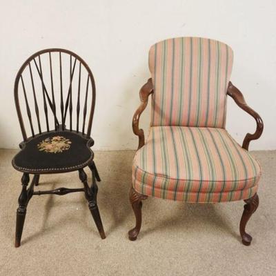 1257	LOT OF 2 CHAIRS, BRACE BACK WINDSOR W/ NEEDLEPOINT SEAT & UPHOLSTERED ARMCHAIR
