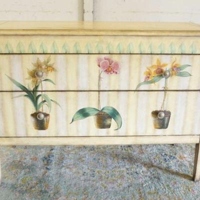 1229	PAINT DECORATED 2 DRAWER CHEST W/FLOWERS, DRAWER GUIDES WORN, APPROXIMATELY 48 IN X 17 IN X 34 IN HIGH
