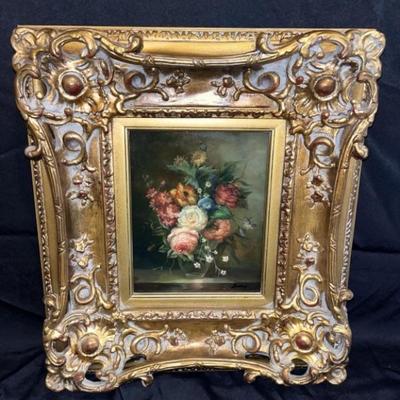 Floral Oil on Board by Thomas in Gilt Gold Frame, 2/2