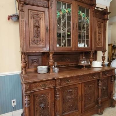 Renaissance Revival China Cabinet w/ Stained Glass
