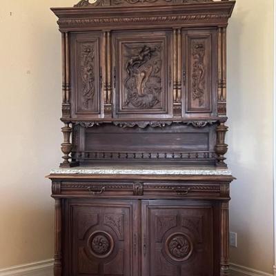 Antique Henry II Hunt Cabinet w/ Granite Top & Key