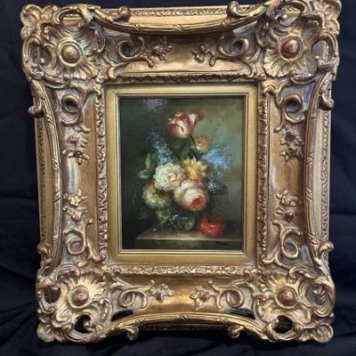 Floral Oil on Board by Perry in Gilt Gold Frame