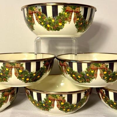 Set of Six Mackenzie Childs Holiday Enamel Bowls 