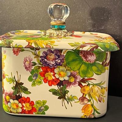 Mackenzie Childs Flower Market Covered Canister or recipe box in very good condition and measuring about 6.5" x 6.5" x 4.7"