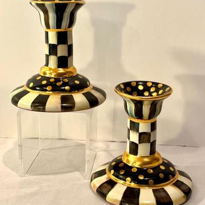 Pair of Mackenzie Childs Courtly Check Candleholders - each 4.5" and in good condition with light wear. 