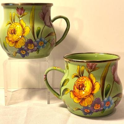 Pair of Mackenzie Childs Flower Market Enamel Mugs in very good condition in a lovely shade of green