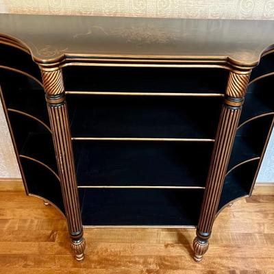 Lovely Console Cabinet with Shelves. Beautiful petite decorative cabinet. Painted black and accented with gold detailing. In very good...