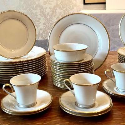 Set of Lenox Eternal Dishes. Includes; 12 dinner plates, 16 salad plates, 16 bread plates, one small bowl and 16 teacups and saucers.