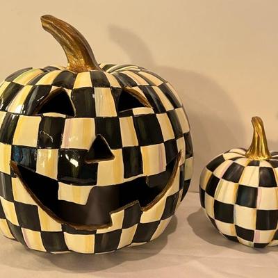 Mackenzie Childs Courty Check Illuminated Jack O Lantern and Small Pumpkin Figurine 