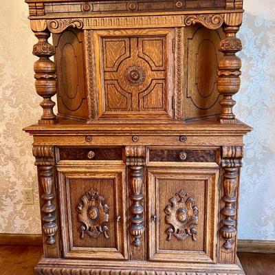 Jacobean Style Gorgeous Antique Cabinet in very good condition with light wear. 

Measures 42" x 18" x 60" and features...