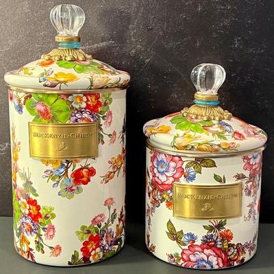 Two Mackenzie Childs Flower Market Covered Canisters - 8" and 10". Items in good/used condition with light wear. 