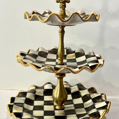 Mackenzie Childs Courtly Check Three Tiered Sweet Station with lovely gold accented ruffled edges. Measuring 15.5" h
