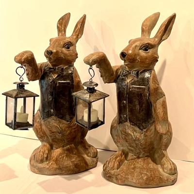 Pair of Adorable Rabbit Figurines Holding Lanterns - each measuring 18