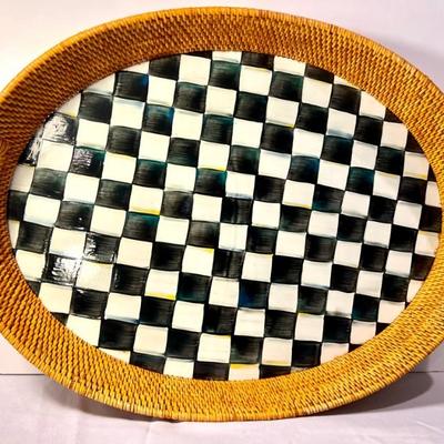 Large Handled Courtly Check Mackenzie Childs Tray with Wicker Accent measuring 25