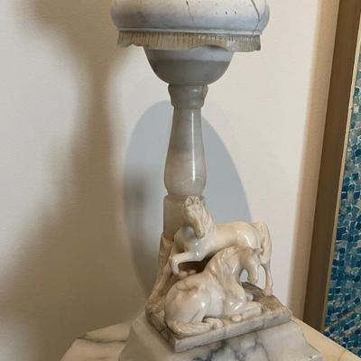 Marble table lamp with carved horses and alabaster shade, Italian